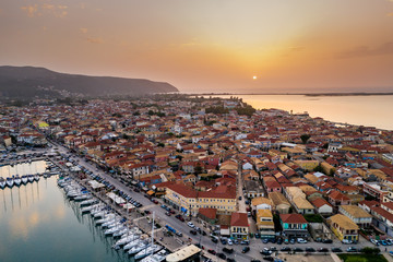 Sailboats in the marina and the city of Lefkada island, Greece