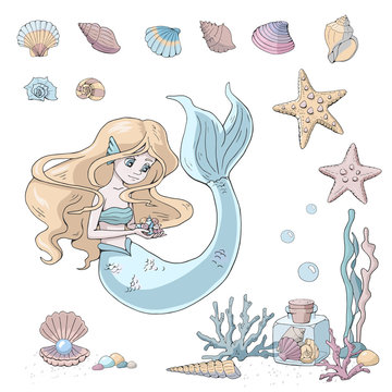 Vector marine illustrations set. Cute cartoon mermaid, starfish, glass jar with various shells and seaweed. Sea theme. Isolated objects on white background.