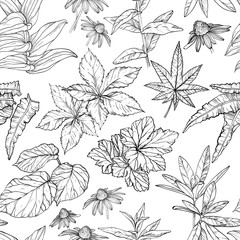 Seamless pattern with branches and leaves sketch