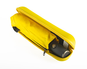 Compact waterproof umbrella with sleeve in hard case isolated on white