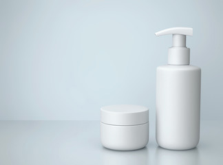 White cosmetic jar and bottle. Cosmetic background with copy space