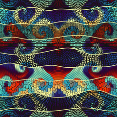 Seamless background pattern. Mosaic art pattern of wavy shapes. Vector image.