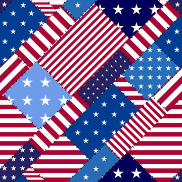 Seamless vector image. Imitation of a patchwork of a USA flag patterns.