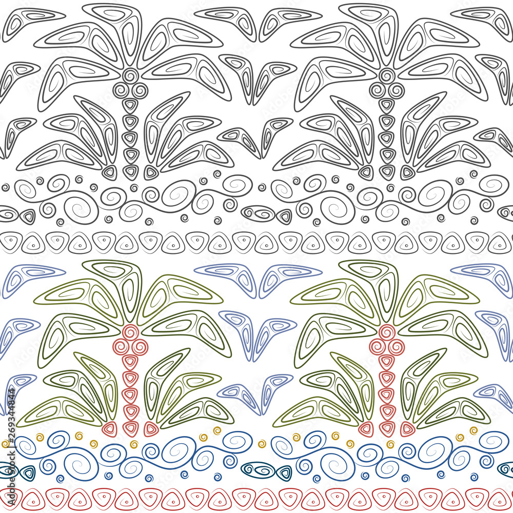 Aufkleber set of abstract seamless patterns with palms and waves. tropical vector backgrounds in polynesia sty