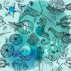 Fototapete Meerestiere Nahtloses Muster mit lebenden Organismen des Aquarelltiefwassers