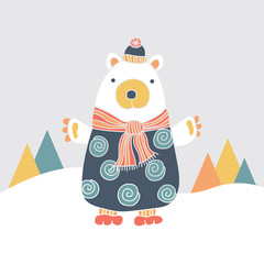 Cute bear with a multi-colour scarf and hat in the snow, vector illustration