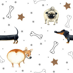 Childish seamless pattern with funny dogs. Hand drawn watercolor - 269347037