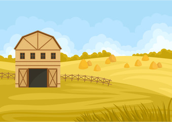 Beige barn in a field with a haystack. Vector illustration on white background. © Happypictures