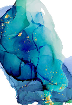 Deep Water Aquamarine Ink Blob. Vector Alcohol Ink Decoration. Brigh Modern Abstract Print For Business Purposes