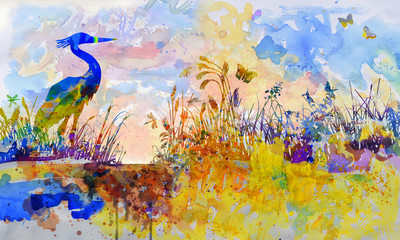 Aquarell mit einem Reiher im dichten Schilf an einem See