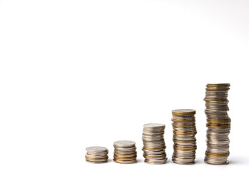 Row of coins and copy space for text on white background. Investment and saving concept to the...