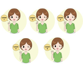 レッスン１〜５を示す若い女性