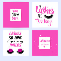 Set with fashion cards with inspiration quote about girls, lashes, makeup.