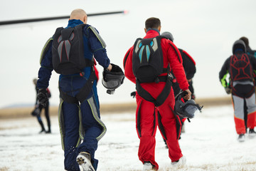 Naklejka premium Team of skydivers going to the plane before performing parachute jumps, back view.