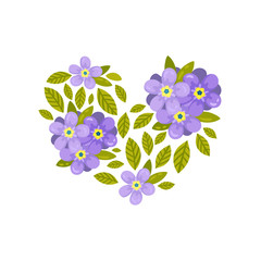 Composition in the form of heart of the little blue flowers. Vector illustration on white background.