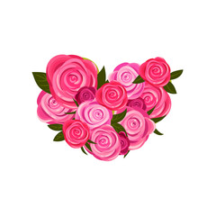 Arrangement in the shape of a heart of roses. Vector illustration on white background.