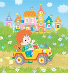 Obraz na płótnie Canvas Little boy driving a toy off road car on a road out of town on a summer day, vector illustration in cartoon style