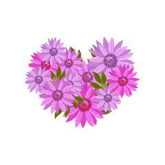 Composition in the form of heart of violet flowers. Vector illustration on white background.