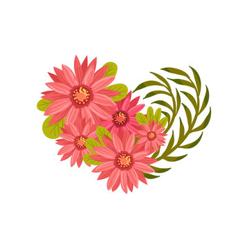 Composition in the form of heart from large pink flowers. Vector illustration on white background.
