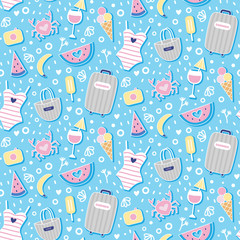Vector summer seamless pattern with watermelon, swimsuit, camera