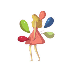 Blonde in a magnificent dress holds balloons. Vector illustration on white background.