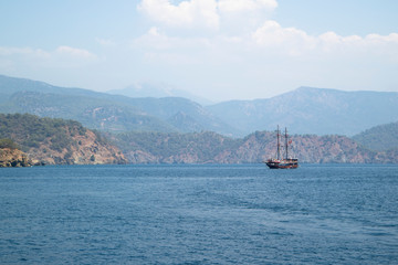 A pirate ship that floats in the waters of the Mediterranean Sea