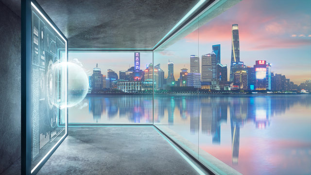 Empty loft contemporary interior office with virtual 3d holographic interface screens and modern Shanghai cityscape from glass window .