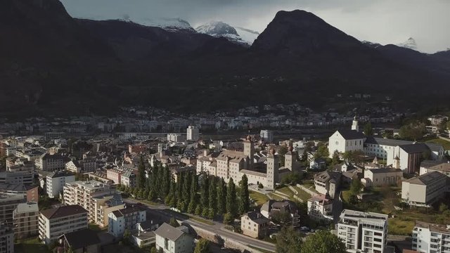Aerial Footage from a City between Mountains Brig Glis in Wallis Switzerland