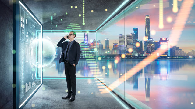 Businessman in suit working with virtual 3d holographic interface screens . Futuristic business, technology, internet and social networking technology concept .