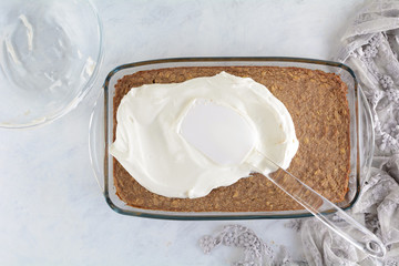 Applesauce Cake with Low Fat Zero Point Oat Crust and Yogurt Topping- Recipe Preparation Photos with Ingredients and Step by Step Instructions