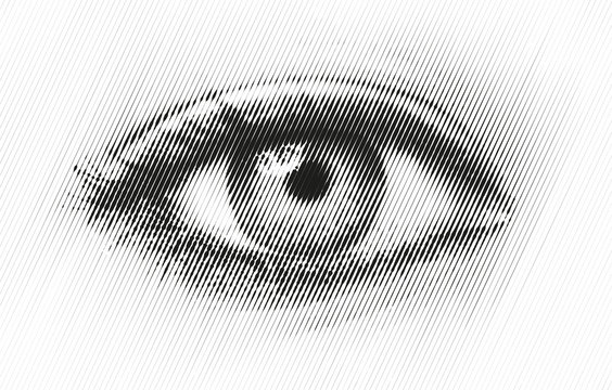 The Human Eye, A Drawing In A Modern Halftone Style. Flat Vector Illustration Isolated On White Background