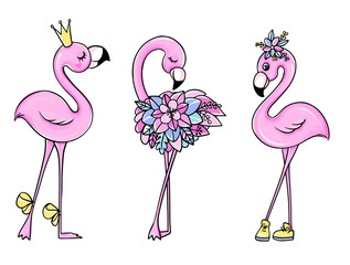 Vector cute Pink flamingos set with crown and flowers.