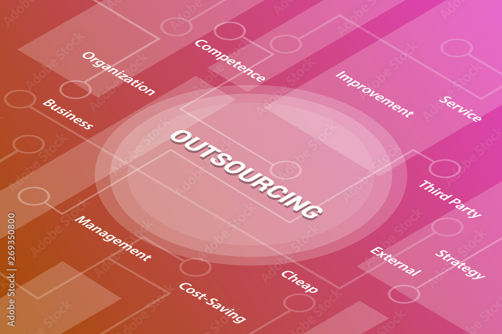 Poster outsourcing words isometric 3d word text concept with some related text and dot connected - vector