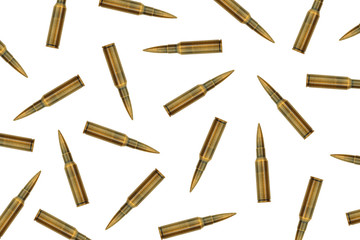 bullets lined up on a white background. isolated ammunition pattern