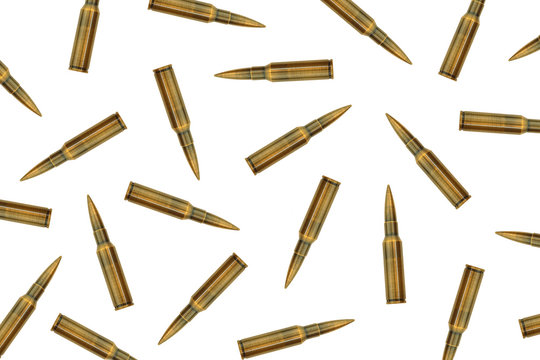 bullets lined up on a white background. isolated ammunition pattern