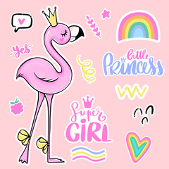 Vector stickers set with cute Pink flamingos and quotes.
