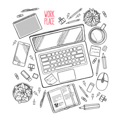 workplace top view with work elements