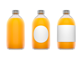 Set of three transparent glass bottles with metal cap and label filled by orange juice isolated over white background.