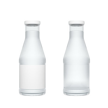 Two big transparent glass bottles with metal cap and label filled by still water isolated over white background.