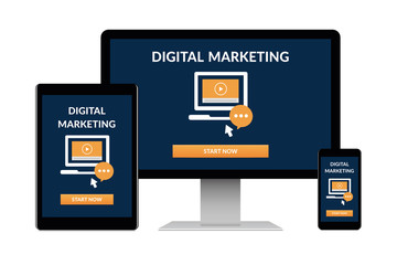 Digital marketing concept on electronic devices isolated on white background