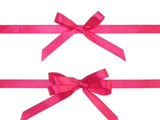 Two pink satin ribbon horizontally with bows on white background