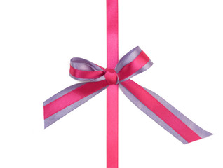 Bow of two satin ribbon pink and lilac color on white background