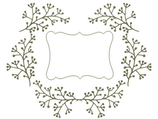 Green branches with white copy space in border on white background. Greeting card concept