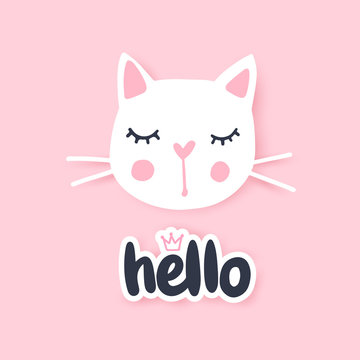Cute cat vector illustration. Girly kittens. Fashion Cat's face.