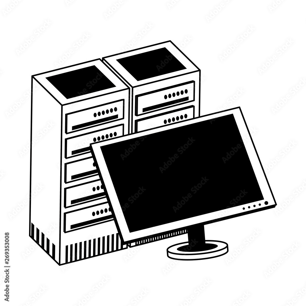 Poster computer monitor and servers database in black and white