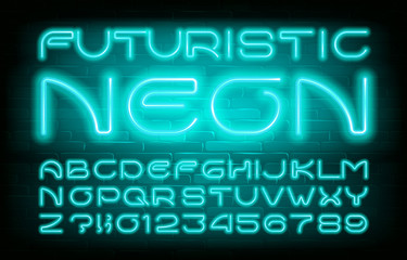Futuristic Neon alphabet font. Light bulb simple letters and numbers. Brick wall background. Stock vector typescript for your typography design.
