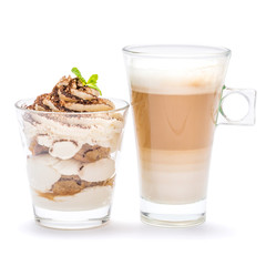 Classic tiramisu dessert in a glass and cup of coffee isolated on a white background with clipping path