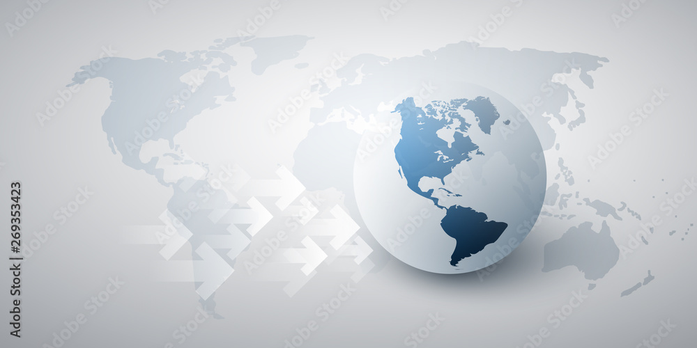 Poster global networks and trading design concept with arrows, earth globe and world map - vector template 