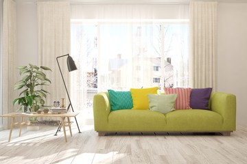 Stylish room in white color with sofa. Scandinavian interior design. 3D illustration