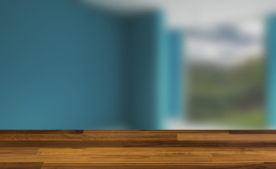 Empty interior with large window. Retro light bulb. The floor is of brown parquet.  3D rendering. wooden table. blurred background